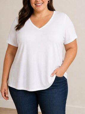 Susan Graver White V-Neck Top 1XP Stretch Short Sleeve Minimalist V-Neck Blouse